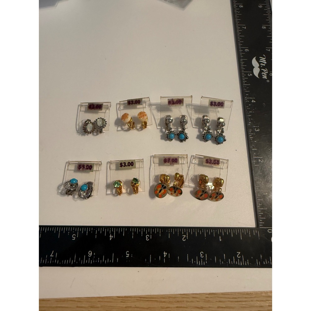 Vintage Clip On Earring Lot 8 Pairs Enamel Butterfly Turquoise Tone Floral Mixed